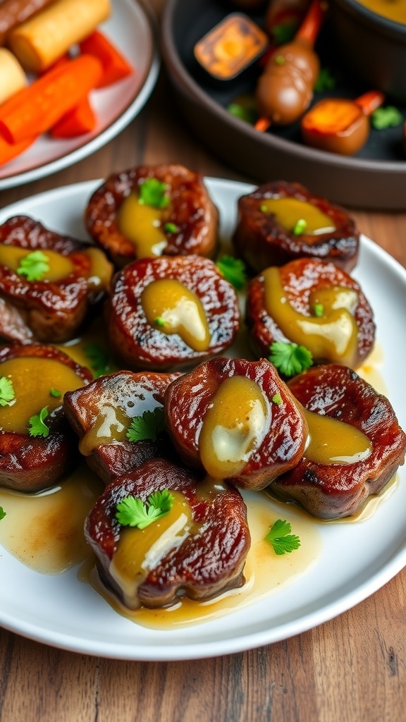 Butter Garlic Steak Bites Recipe Delicious butter garlic steak bites garnished with parsley on a rustic table.